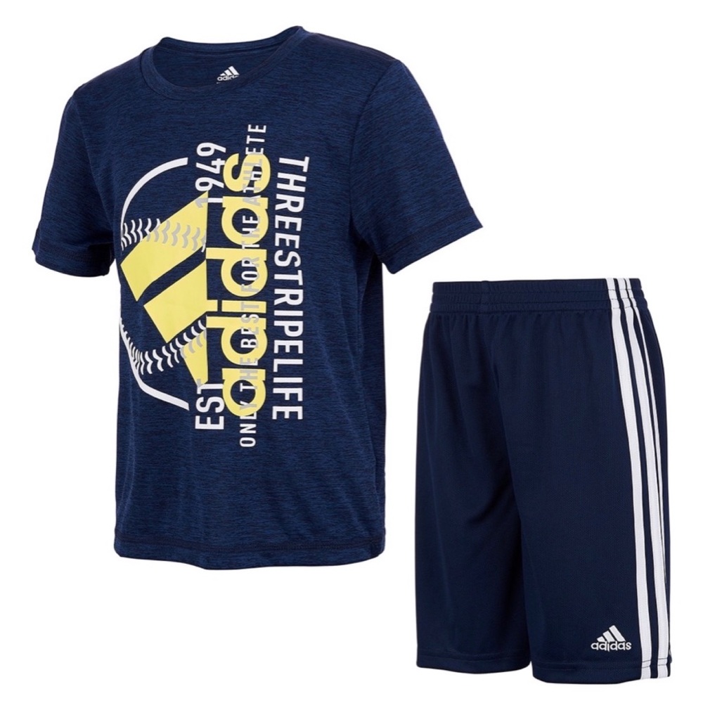 Adidas Boys Poly Melange Tee Shirt & Shorts Set Outfit Navy Sz 4 5